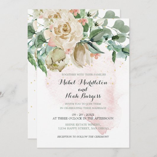 の結婚フローラピンク緑の葉のエレガントバラ 招待状 (正面/裏面)