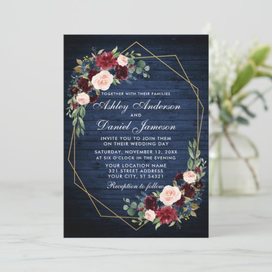 の結婚フローラブルーウッドフォトバック金ゴールド幾何学模様 招待状 (スタンド正面)