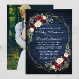 の結婚フローラブルーウッドフォトバック金ゴールド幾何学模様 招待状