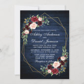 の結婚フローラブルーウッド幾何学的金ゴールド写真バック 招待状 (正面)