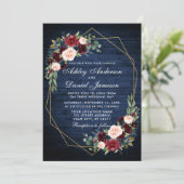 の結婚フローラブルーウッド幾何学的金ゴールド写真バック 招待状 (スタンド正面)