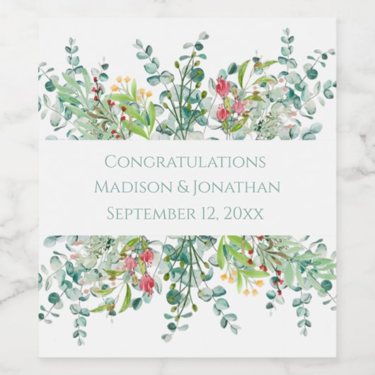 の結婚フローラユーカリ水色名日付 ワインラベル (シングルラベル)