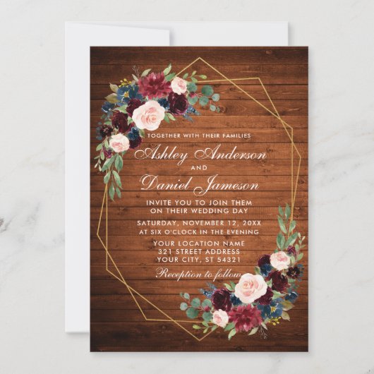 の結婚フローラ素朴幾何学模様金ゴールド枠 招待状 (正面)