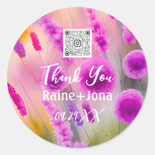 の結婚ブライダルシャワーの好意パープルフラワーQRコード ラウンドシール (正面)