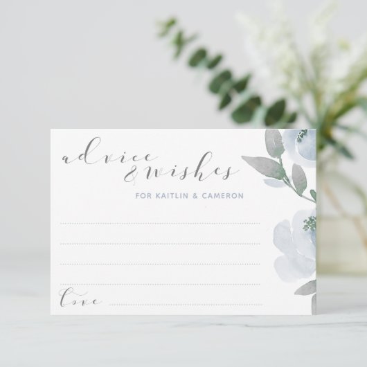 の結婚ブライダルシャワーほこりっぽいブルーグレー水色 アドバイスカード (スタンド正面)