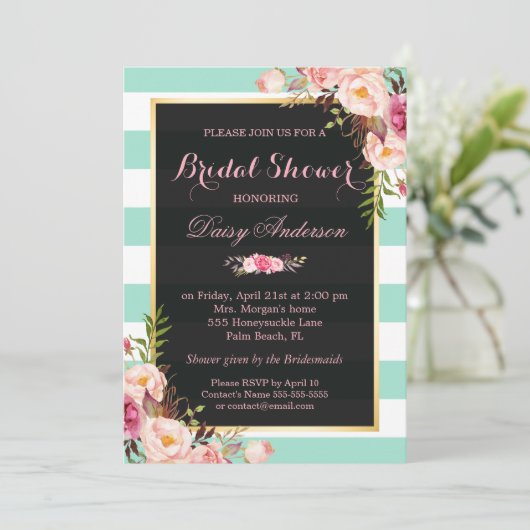 の結婚ブライダルシャワーフローラミントグリーンストライプ 招待状 (スタンド正面)