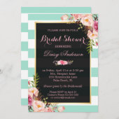 の結婚ブライダルシャワーフローラミントグリーンストライプ 招待状 (正面/裏面)