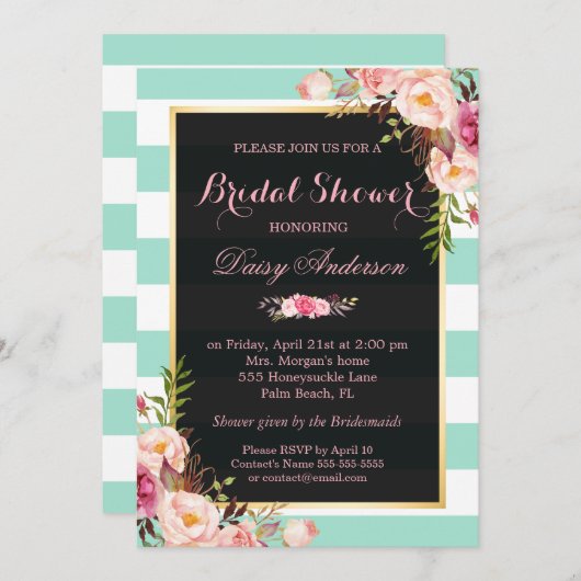 の結婚ブライダルシャワーフローラミントグリーンストライプ 招待状 (正面/裏面)