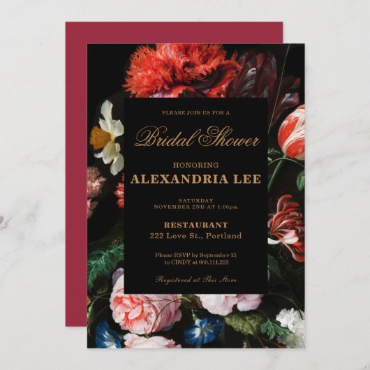 の結婚ブライダルシャワー招待黒フローラ 招待状 (正面/裏面)