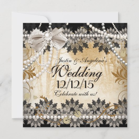 の結婚ブラッククリームベージュレースアジアフローラ 招待状 (正面)