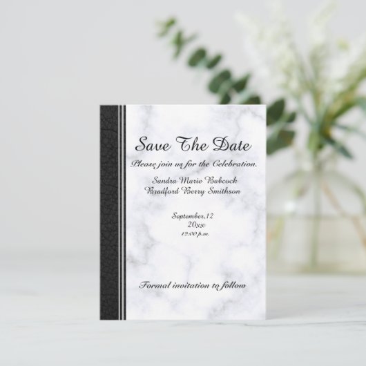 の結婚ブラックレザーとグレーのホワイトマーブル セーブザデート (スタンド正面)