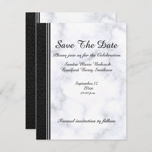 の結婚ブラックレザーとグレーのホワイトマーブル セーブザデート (正面/裏面)
