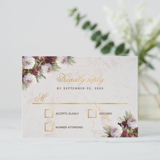 の結婚ブルゴーニュの牡丹フェイク金ゴールド大理石 出欠カード (スタンド正面)