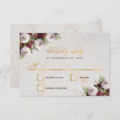 の結婚ブルゴーニュの牡丹フェイク金ゴールド大理石 出欠カード (正面/裏面)