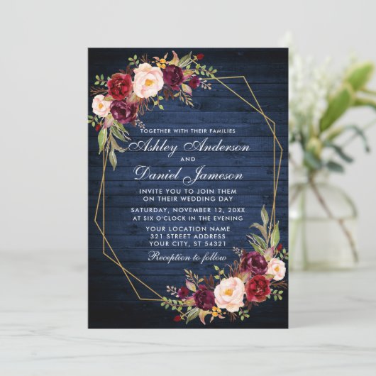 の結婚ブルゴーニュフローラブルーウッドフォトジオメトリック 招待状 (スタンド正面)