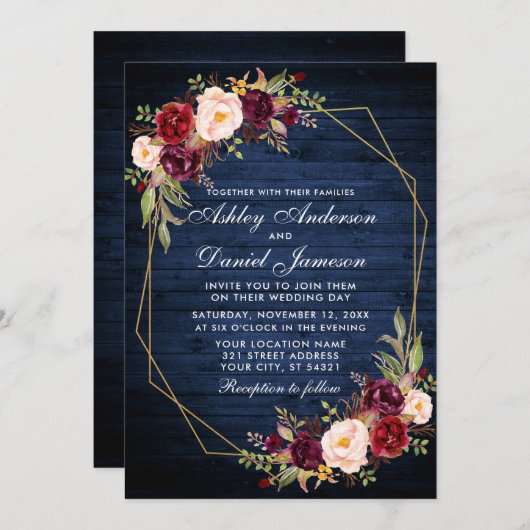 の結婚ブルゴーニュフローラブルーウッドフォトジオメトリック 招待状 (正面/裏面)