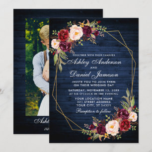 の結婚ブルゴーニュフローラブルーウッドフォトジオメトリック 招待状