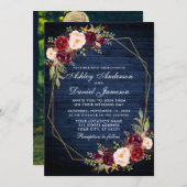 の結婚ブルゴーニュフローラブルーウッド幾何学写真 招待状 (正面/裏面)