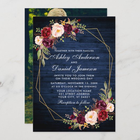 の結婚ブルゴーニュフローラブルーウッド幾何学写真 招待状 (正面/裏面)