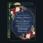 の結婚ブルゴーニュフローラブルーウッド幾何学写真 招待状<br><div class="desc">水モダン色ブルゴーニュフローラブルー金ゴールド幾何学的フレーム結婚式招待状素朴 – ブルーウッド、フォトバック</div>