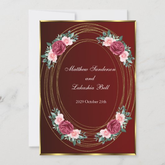 の結婚ブルゴーニュ金ゴールドピンク赤い花クラシック咲き 招待状 (裏面)