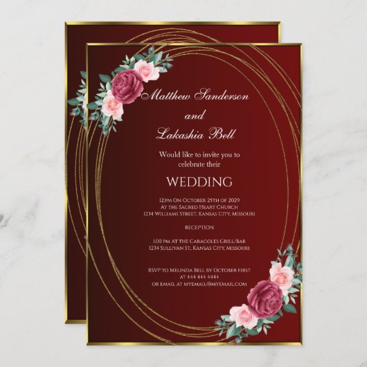 の結婚ブルゴーニュ金ゴールドピンク赤い花クラシック咲き 招待状 (正面/裏面)
