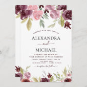 の結婚ブルゴーニュ・ピンクモダンエレガントフローラ 招待状 (正面/裏面)