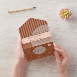 の結婚ボホオレンジ&ブラウン幾何学模様ストライプ オールインワン招待状