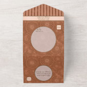 の結婚ボホオレンジ&ブラウン幾何学模様ストライプ オールインワン招待状 (外側)