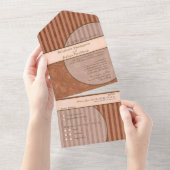 の結婚ボホオレンジ&ブラウン幾何学模様ストライプ オールインワン招待状 (貼ってはがせる)