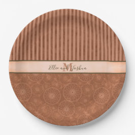 の結婚ボホオレンジ&ブラウン幾何学模様ストライプ ペーパープレート