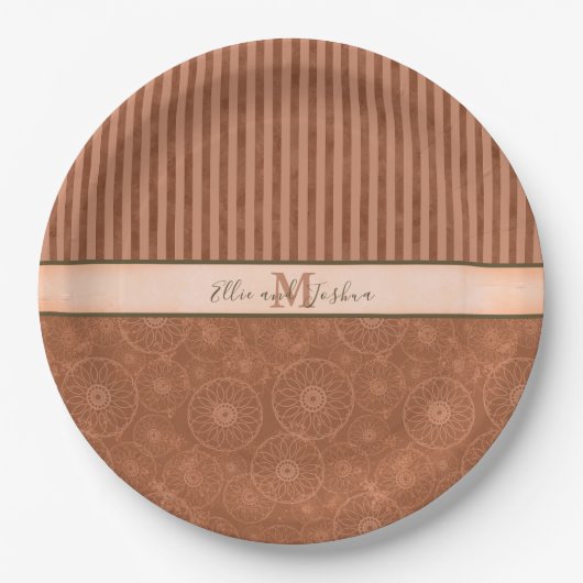 の結婚ボホオレンジ&ブラウン幾何学模様ストライプ ペーパープレート (正面)