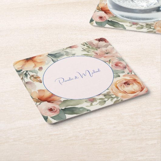 の結婚ミニマエレガントリストクラシカルフローラ スクエアペーパーコースター (アングル)