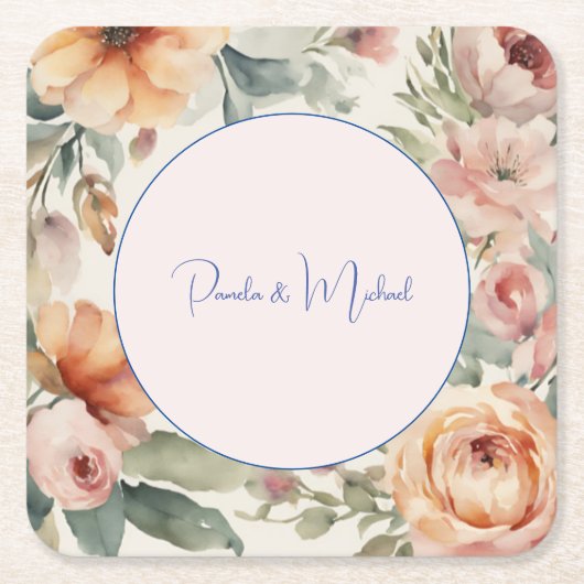 の結婚ミニマエレガントリストクラシカルフローラ スクエアペーパーコースター (正面)