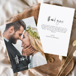 の結婚ミニマモダンリストサンキューカード<br><div class="desc">フロント結婚とバックに写真がある予算のサンキューカード。サンキューカードには白モダンと黒の手で書かれた筆記体のタイポグラフィが含まエレガントれ、シンプルミニマルなモダン結婚式の日のお祝いの後に使用すシンプルる。</div>