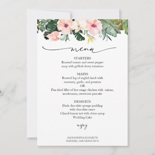 の結婚メニューカードパーム葉ハイビスカストロピカル 招待状 (正面)