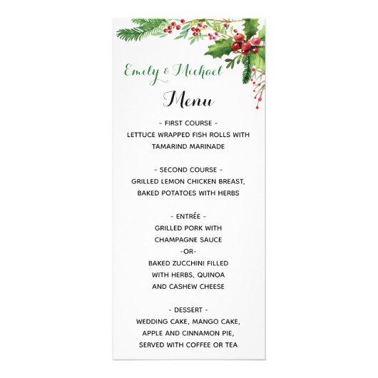 の結婚メニューカード植物色の水色の緑の赤 ラックカード (正面)