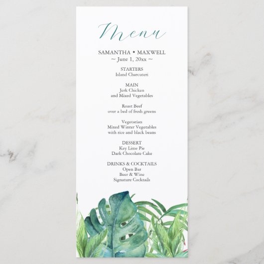 の結婚メニュー熱帯地方の目的地のパーム葉の メニュー (正面)