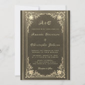 の結婚モノグラムエレガントヴィンテージ金ゴールドオン黒 招待状 (正面)