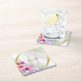 の結婚モノグラム名ピンクカラフルフローラゴールデン スクエアペーパーコースター (インサイチュ)