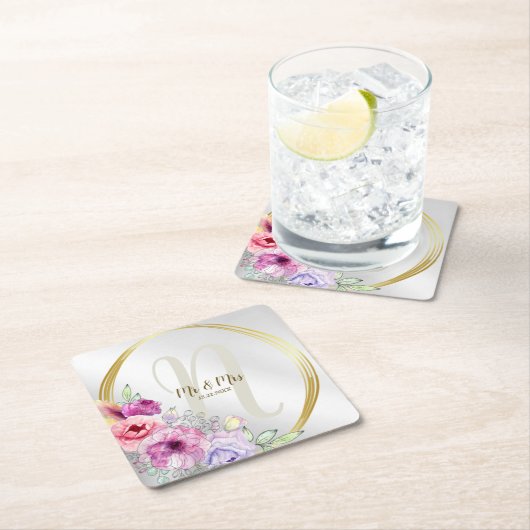 の結婚モノグラム名ピンクカラフルフローラゴールデン スクエアペーパーコースター (インサイチュ)