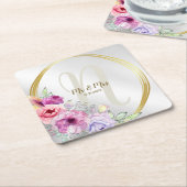 の結婚モノグラム名ピンクカラフルフローラゴールデン スクエアペーパーコースター (アングル)