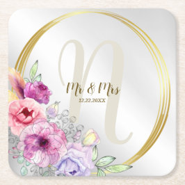 の結婚モノグラム名ピンクカラフルフローラゴールデン スクエアペーパーコースター