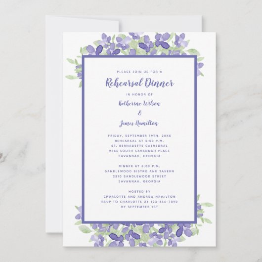 の結婚リハーサルのディナーエレガントペリウィンクルフローラ 招待状 (正面)