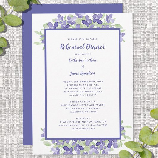 の結婚リハーサルのディナーエレガントペリウィンクルフローラ 招待状