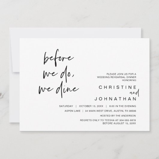 の結婚リハーサルの夕食前に、私たちは食事をする 招待状 (正面)