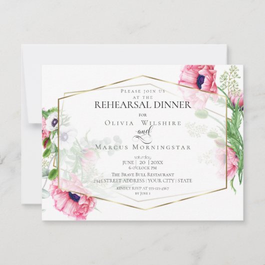 の結婚リハーサル | ピンクウォーターカラーポピーフローラ 招待状 (正面)