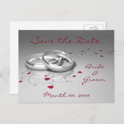 の結婚リングや輪とハート日付はがきを保存する 案内ポストカード (正面/裏面)