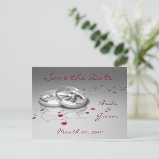 の結婚リングや輪とハート日付はがきを保存する 案内ポストカード (スタンド正面)