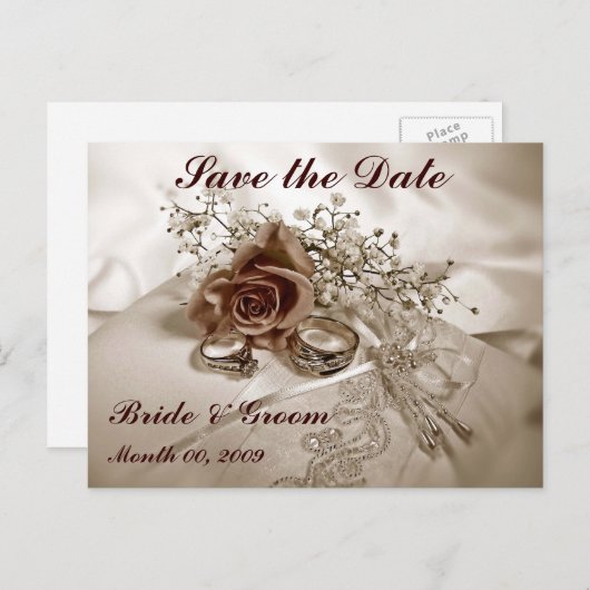 の結婚リングや輪とバラ日付はがきを保存する 案内ポストカード (正面/裏面)